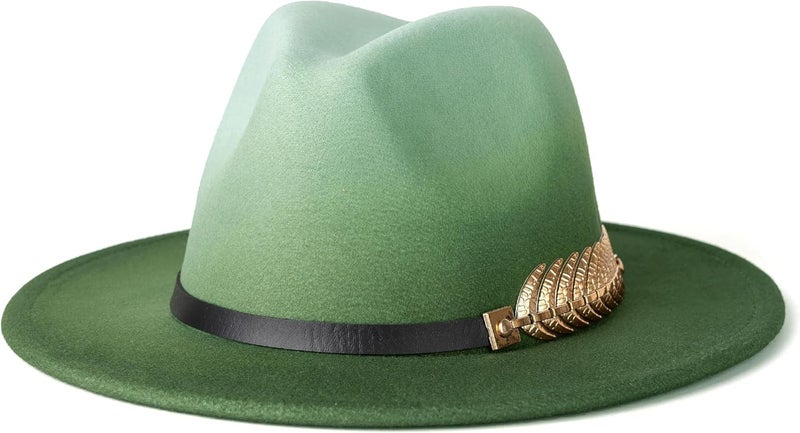 Gossifan Women Gradient Color Fedora Wide Brim Felt Panama Hat with Belt Buckle - Image 1